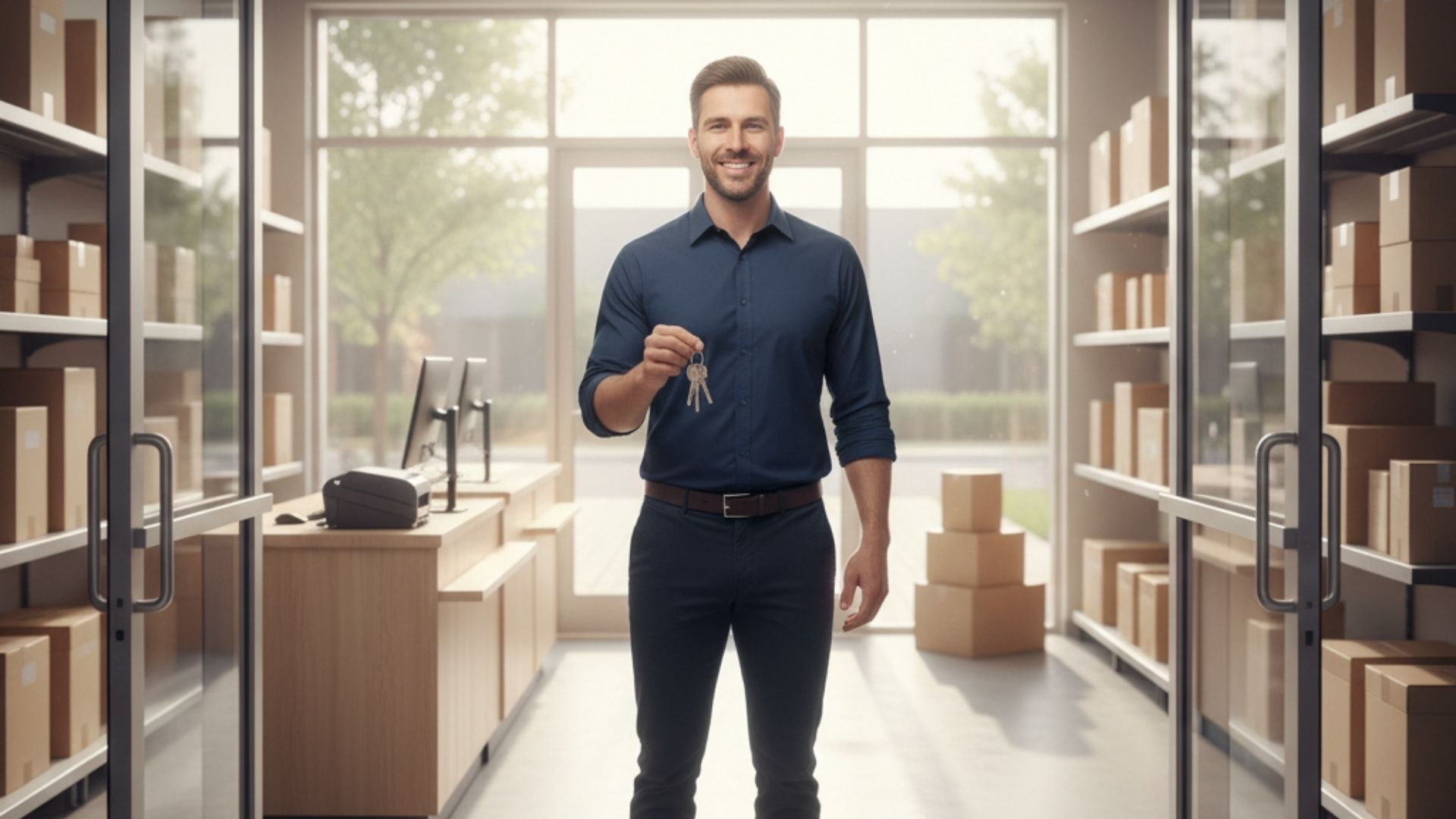 A business owner confidently holding keys in the doorway of a new, independent pack and ship store.