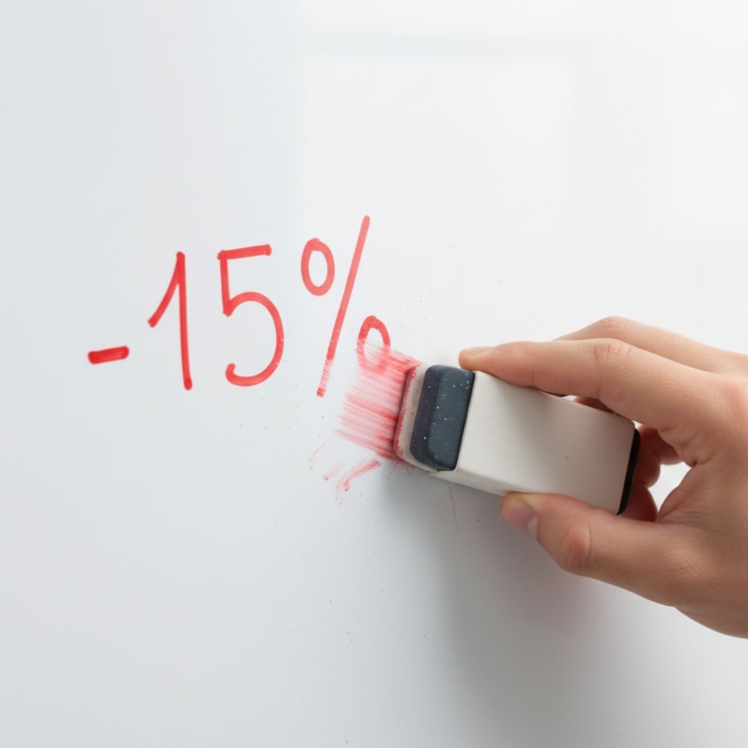 Hand erasing a large red percentage number from a whiteboard, symbolizing the removal of royalty payments.