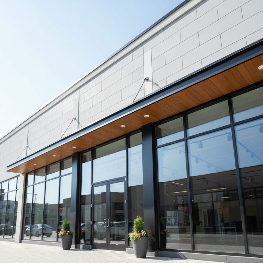 Modern retail storefront from a low angle, emphasizing the clean and inviting entrance of a new business.