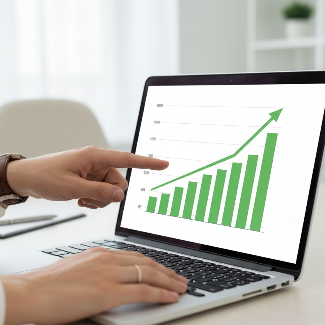 Two business professionals pointing at an upward-trending bar chart on a laptop, representing profit growth.