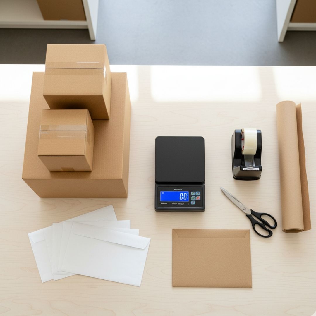 A high-quality image of an organized, modern pack and ship counter with boxes, scale, and packing supplies.
