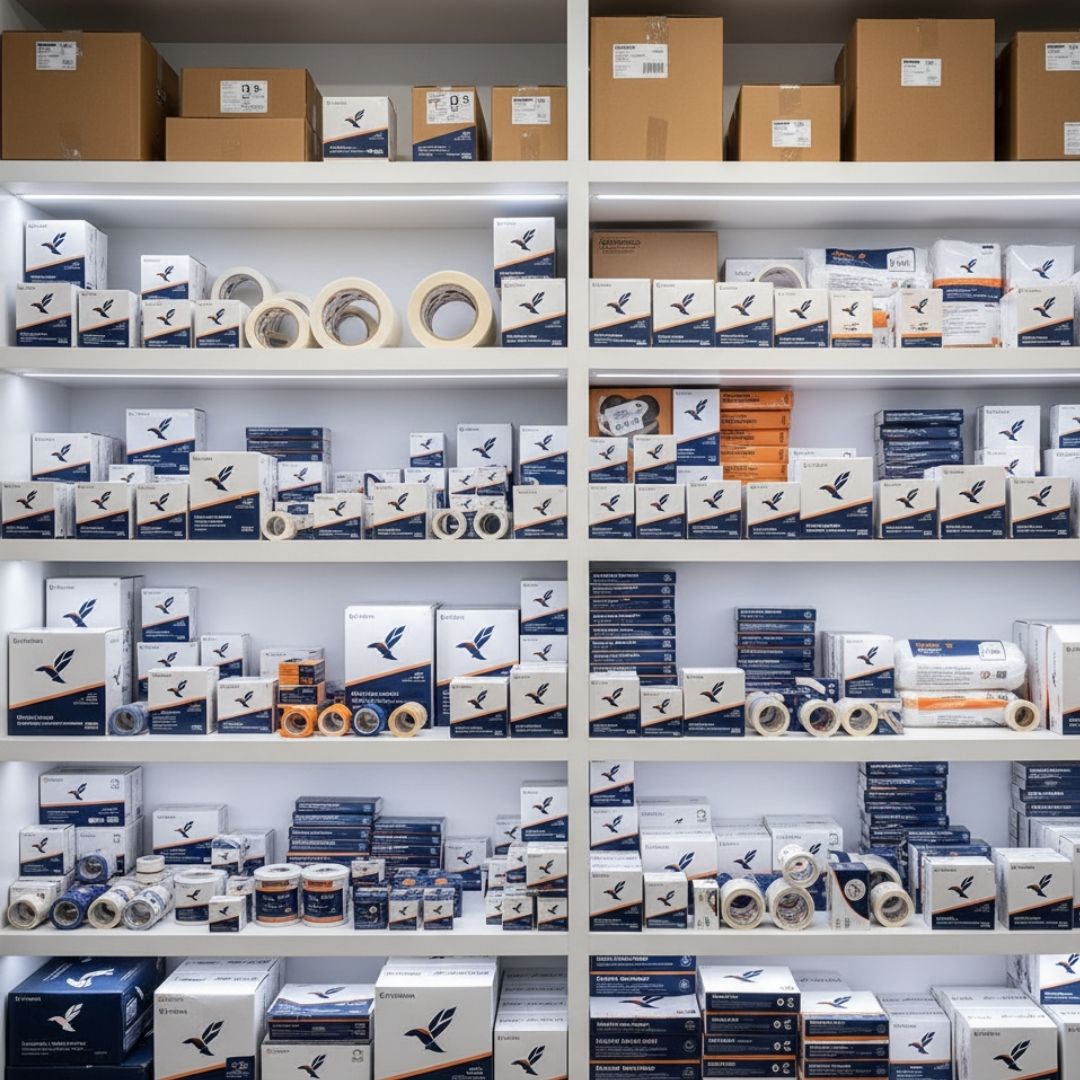 Tightly organized shelves stocked with a variety of brand-name retail and shipping supplies, representing strong buying power.