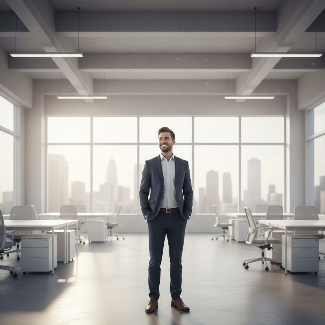 confident, successful entrepreneur standing in their open, bright business space, symbolizing 100% independent ownership and freedom.