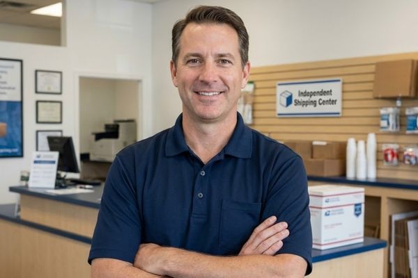 A confident business owner with arms crossed, standing proudly in their independent pack and ship store with a generic "Independent Shipping Center" sign