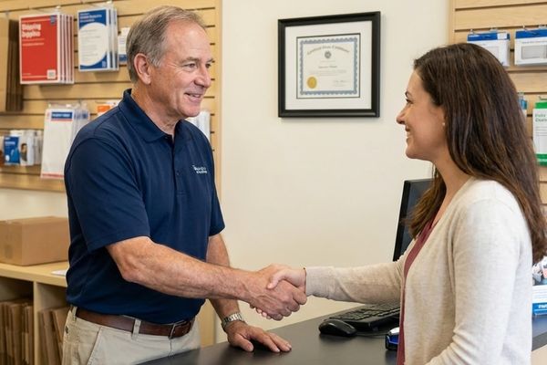 A professional store owner standing behind the counter of a modern independent pack and ship store, representing decades of experience and support