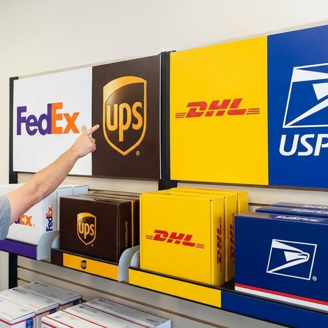 a store wall displaying the logos of FedEx, UPS, DHL, and USPS, with a hand pointing to the UPS logo, highlighting the multi-carrier options