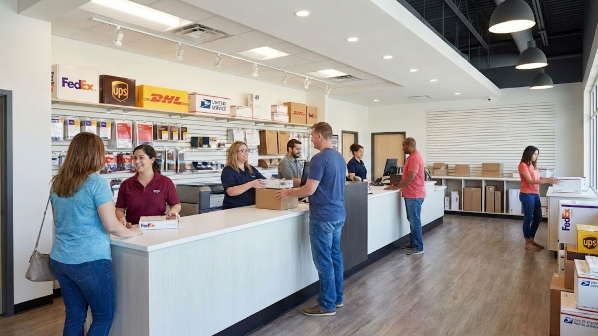 a modern and busy independent Mega Store Builders Pack & Ship store interior with customers at the service counter and multiple carrier logos displayed