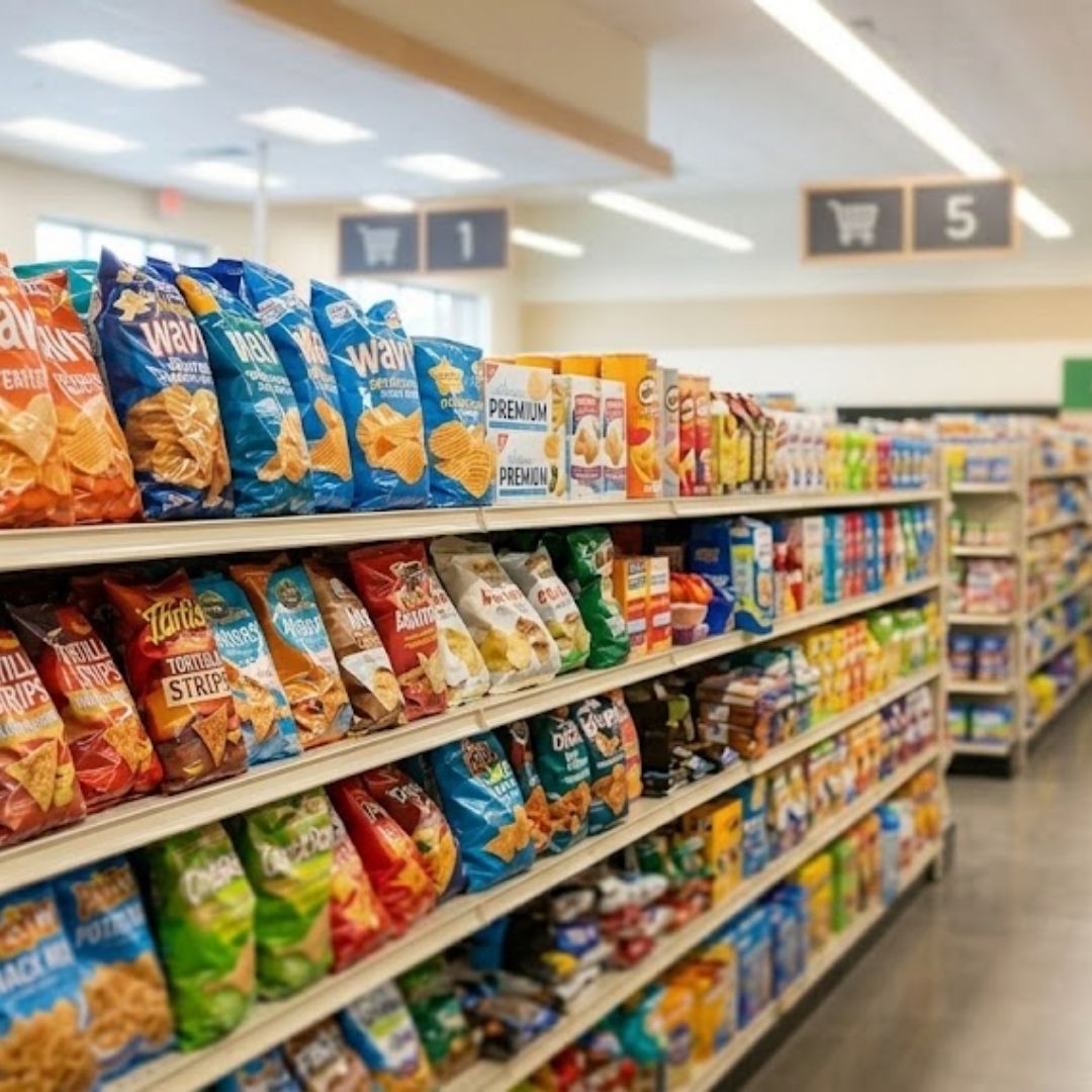 Well-stocked retail shelves with affordable household products in a dollar store setting.