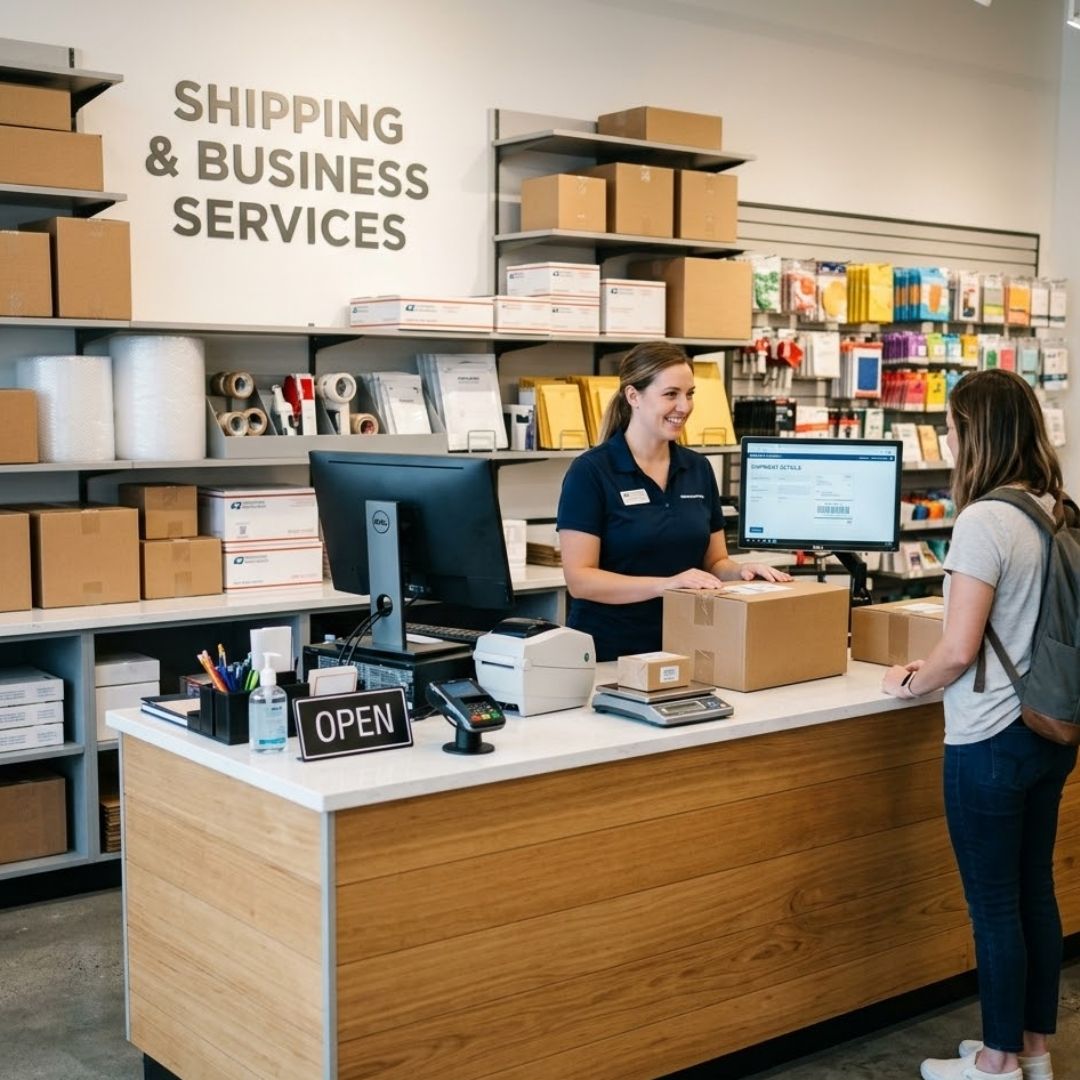 A professional pack and ship service counter with shipping boxes and mailing equipment.