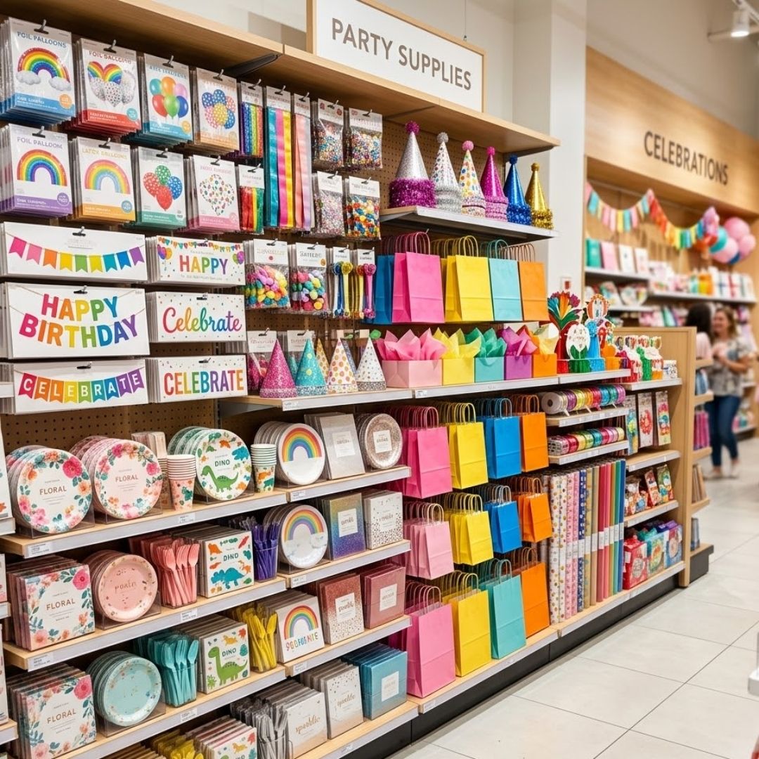 A colorful and organized display of party supplies and decorations in a retail store.