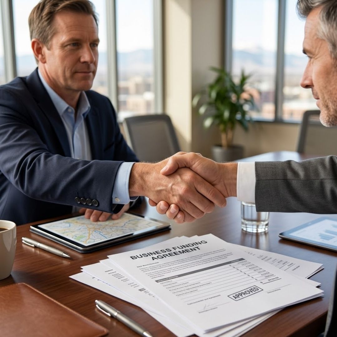 Professional handshake over financial documents representing business funding.