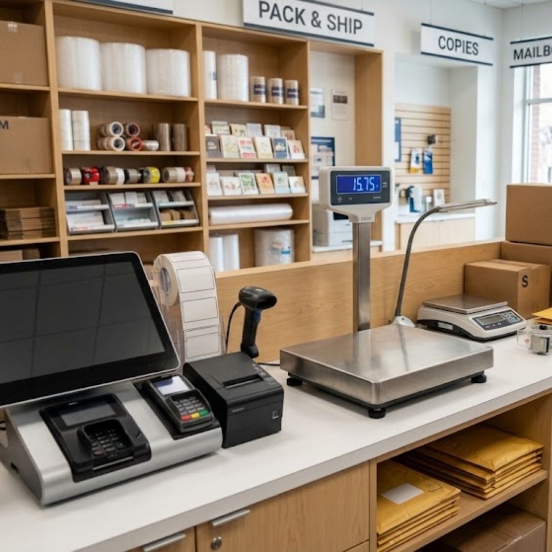 Fully equipped retail shipping counter with modern POS and scales.