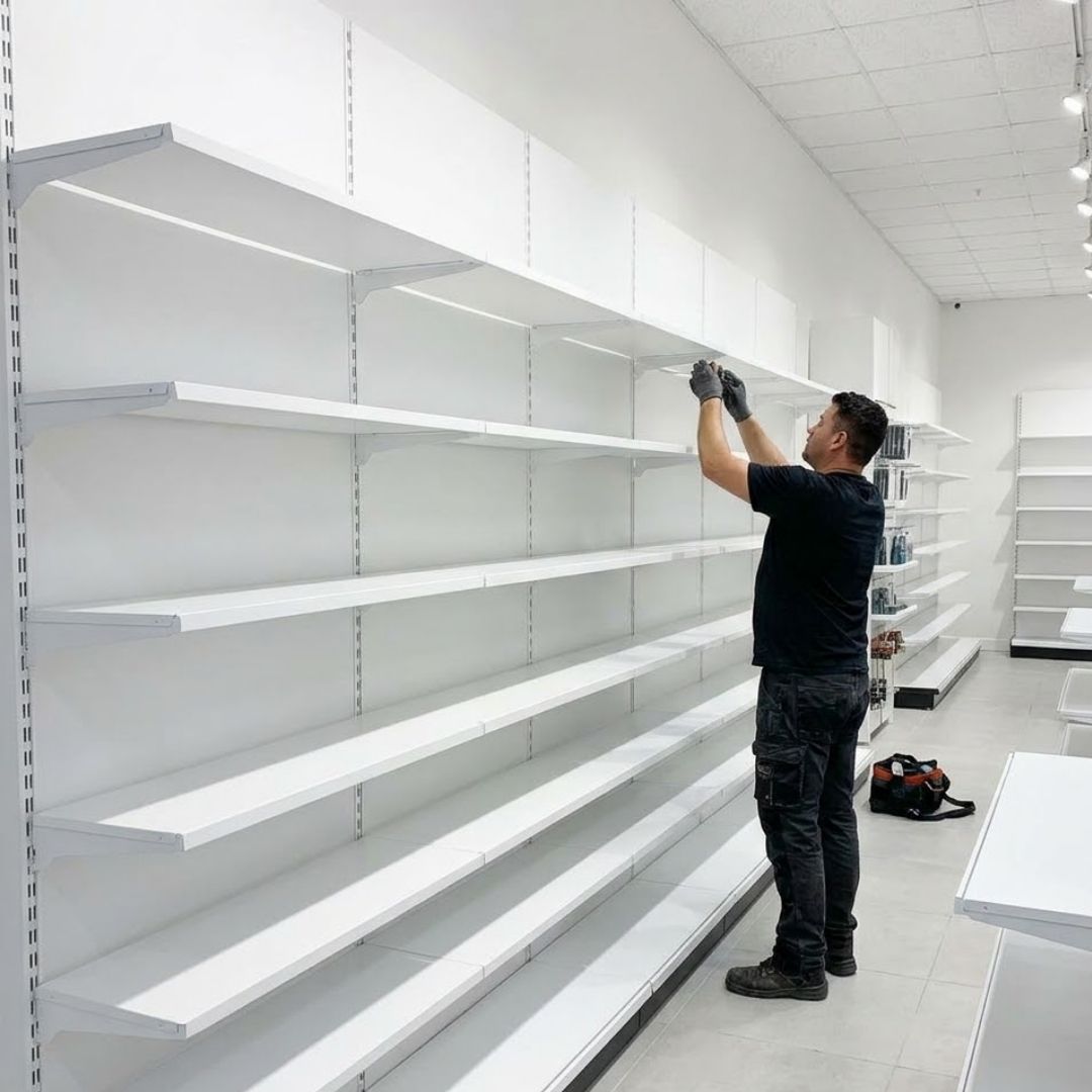 A professional contractor installs clean white shelving units inside a bright, well-lit retail store.