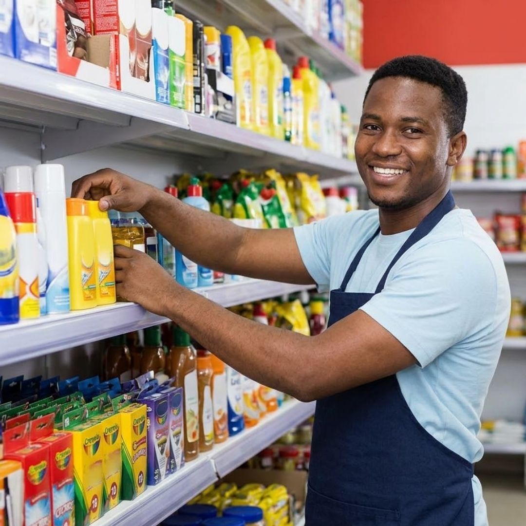 A cheerful store owner happily organizes a diverse assortment of merchandise on retail shelves.