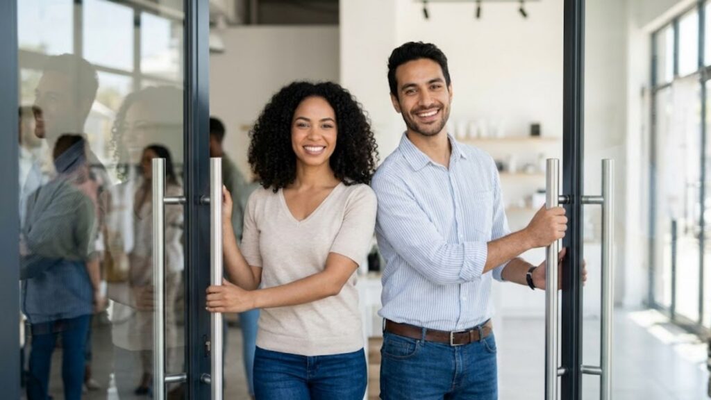 A smiling man and woman open the door to their new, brightly lit commercial storefront.