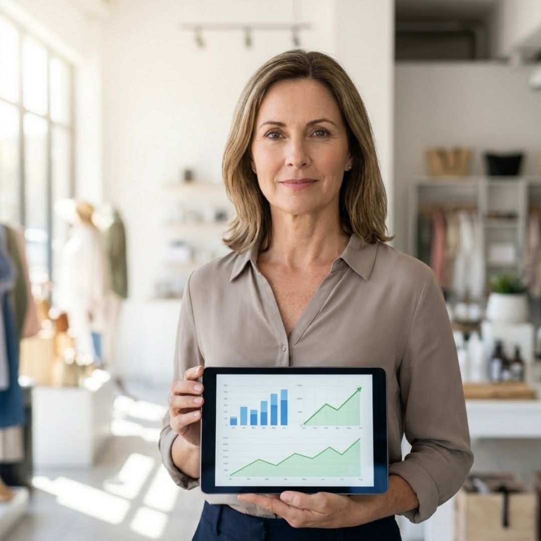 A businesswoman smiles while looking at positive growth charts on a tablet inside her brightly lit shop.
