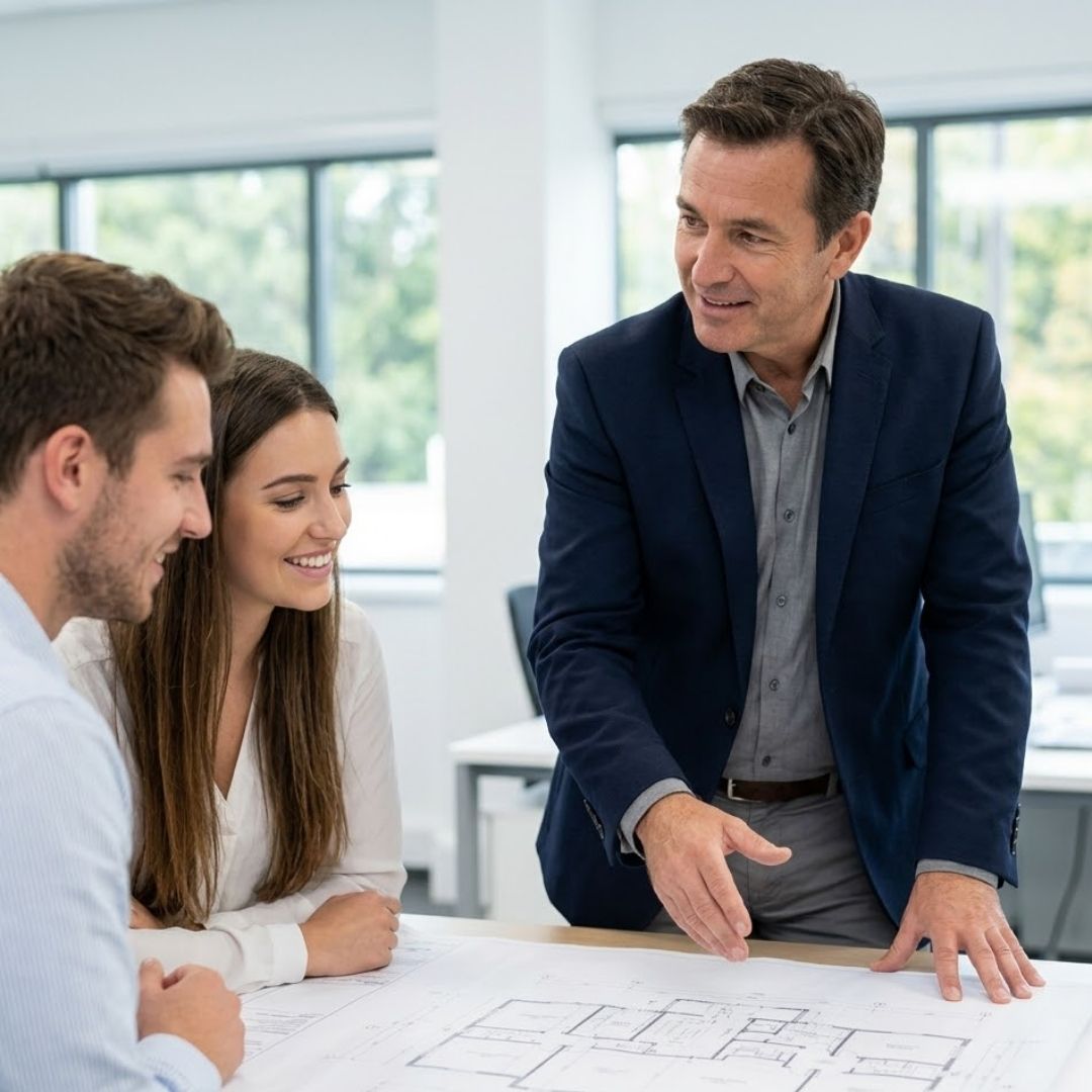A professional consultant discusses a business blueprint with two aspiring entrepreneurs in a modern office.