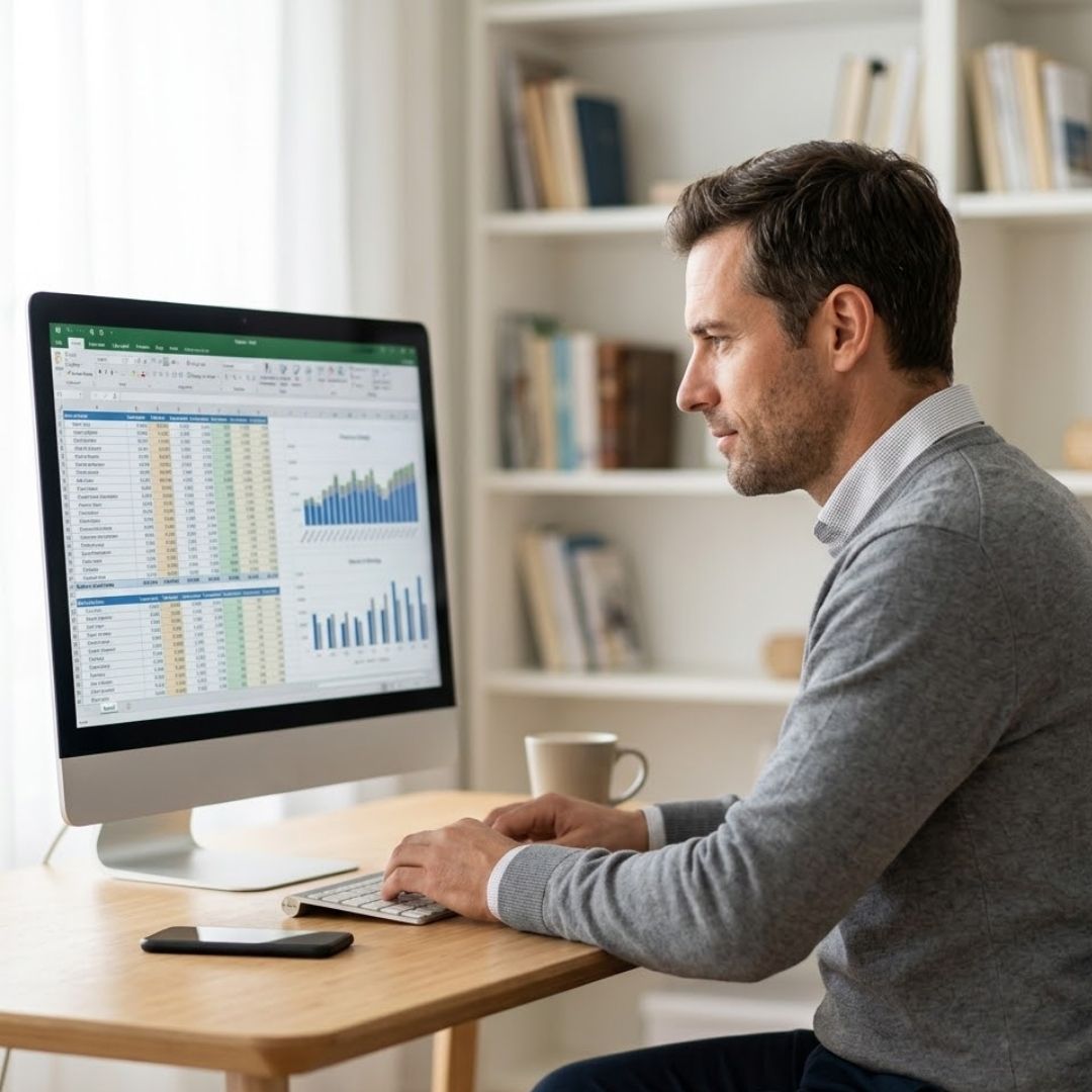A focused man analyzes financial data spreadsheets on a large monitor in his bright home office.