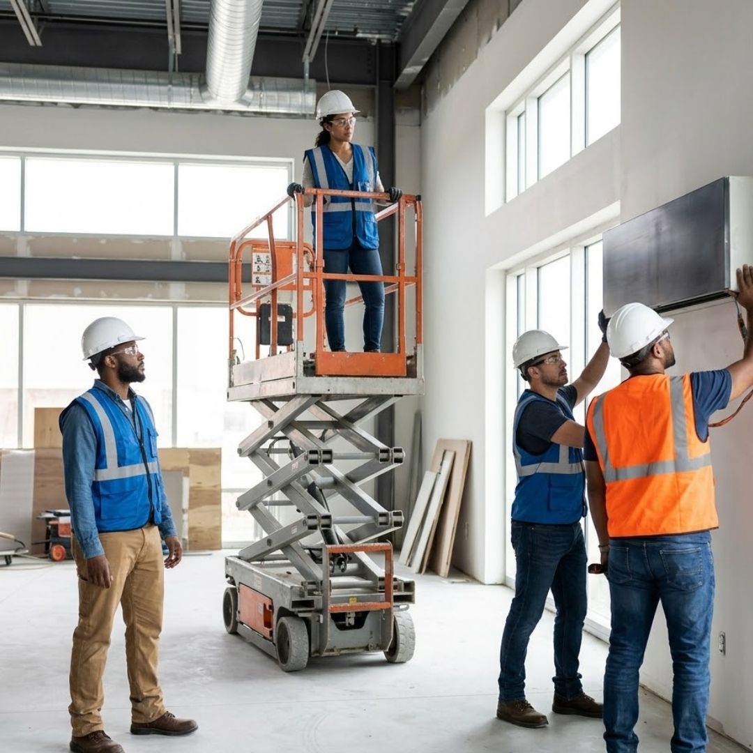 A diverse construction crew finalizing the modern interior of a large new retail space.