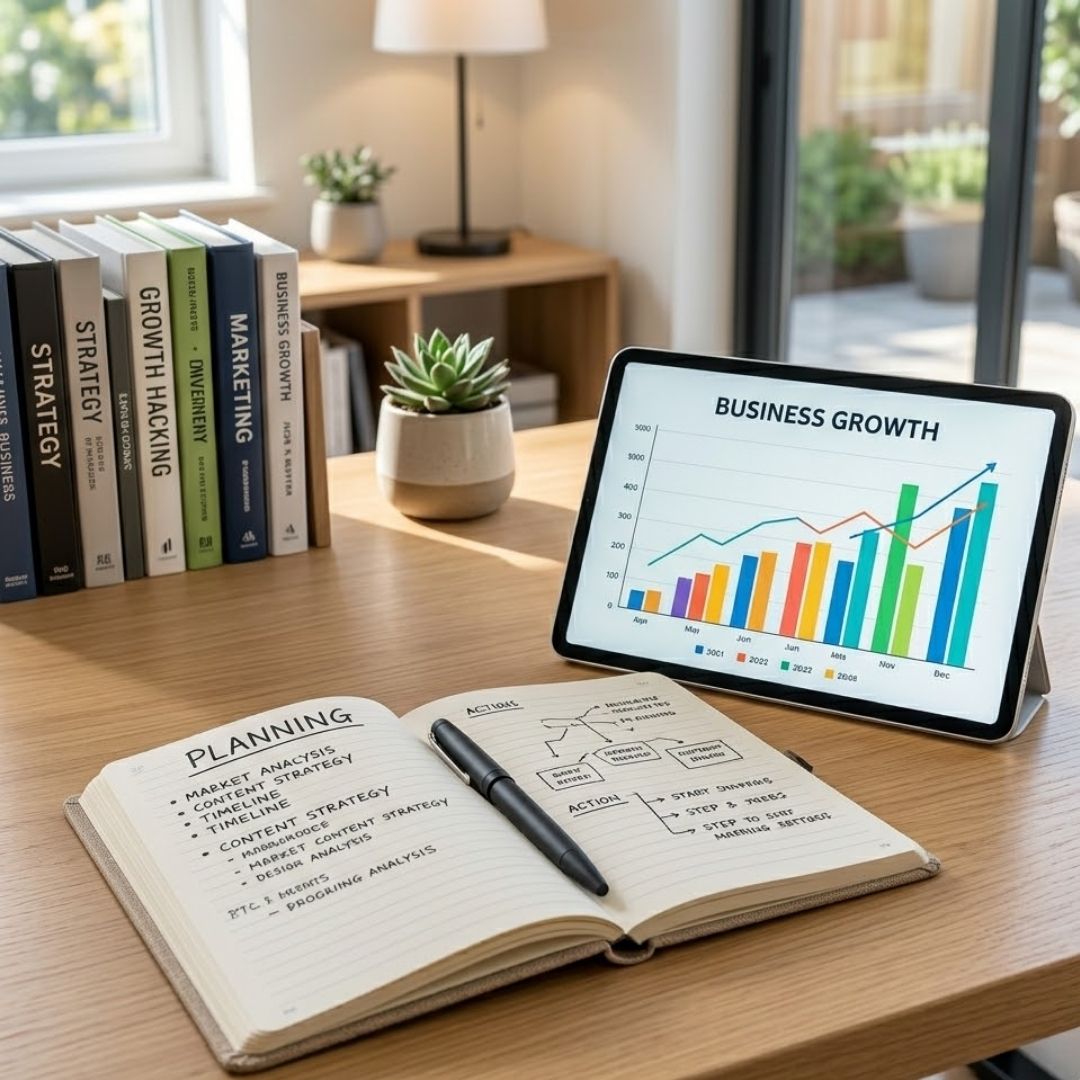 A clean workspace with a tablet showing business growth charts and a notebook for planning.