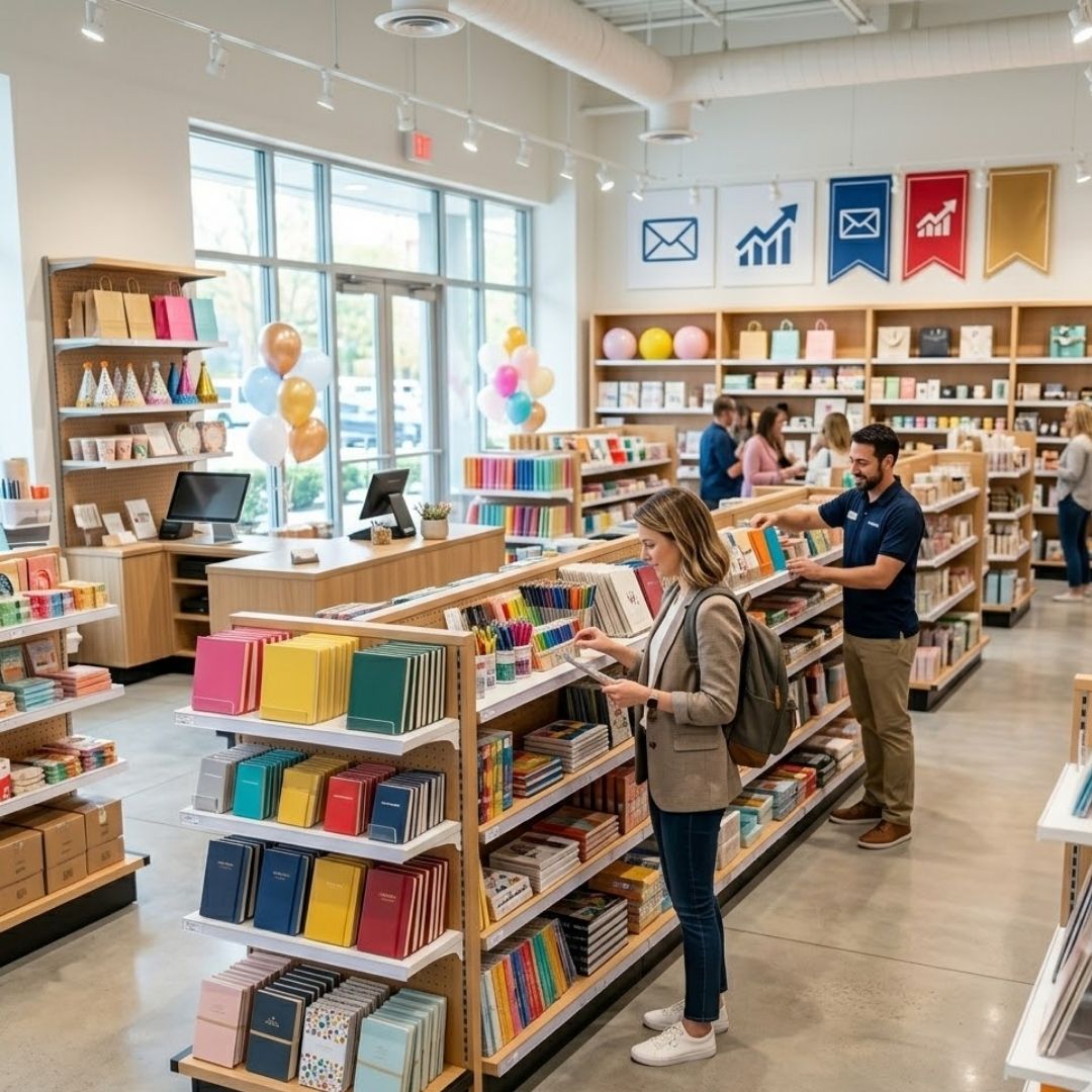 The interior of a brightly lit and well-organized retail store with fully stocked shelves.