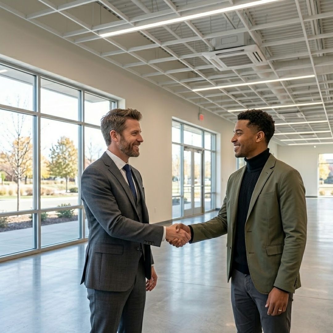 Two business professionals shaking hands inside a clean, empty commercial retail space.