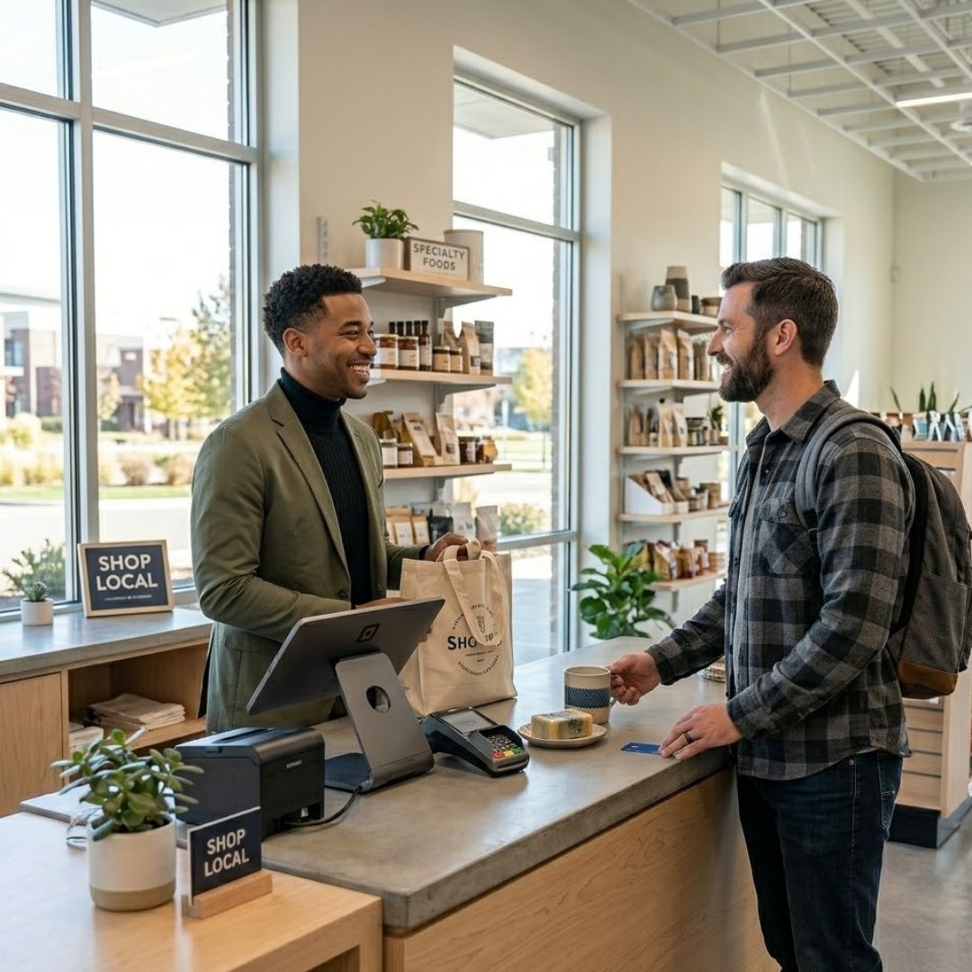 A friendly store owner interacting with a customer at a modern retail checkout counter.