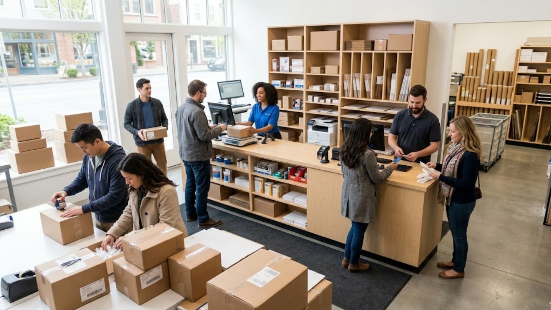A bustling neighborhood pack and ship store serving as a central hub for local residents and businesses.