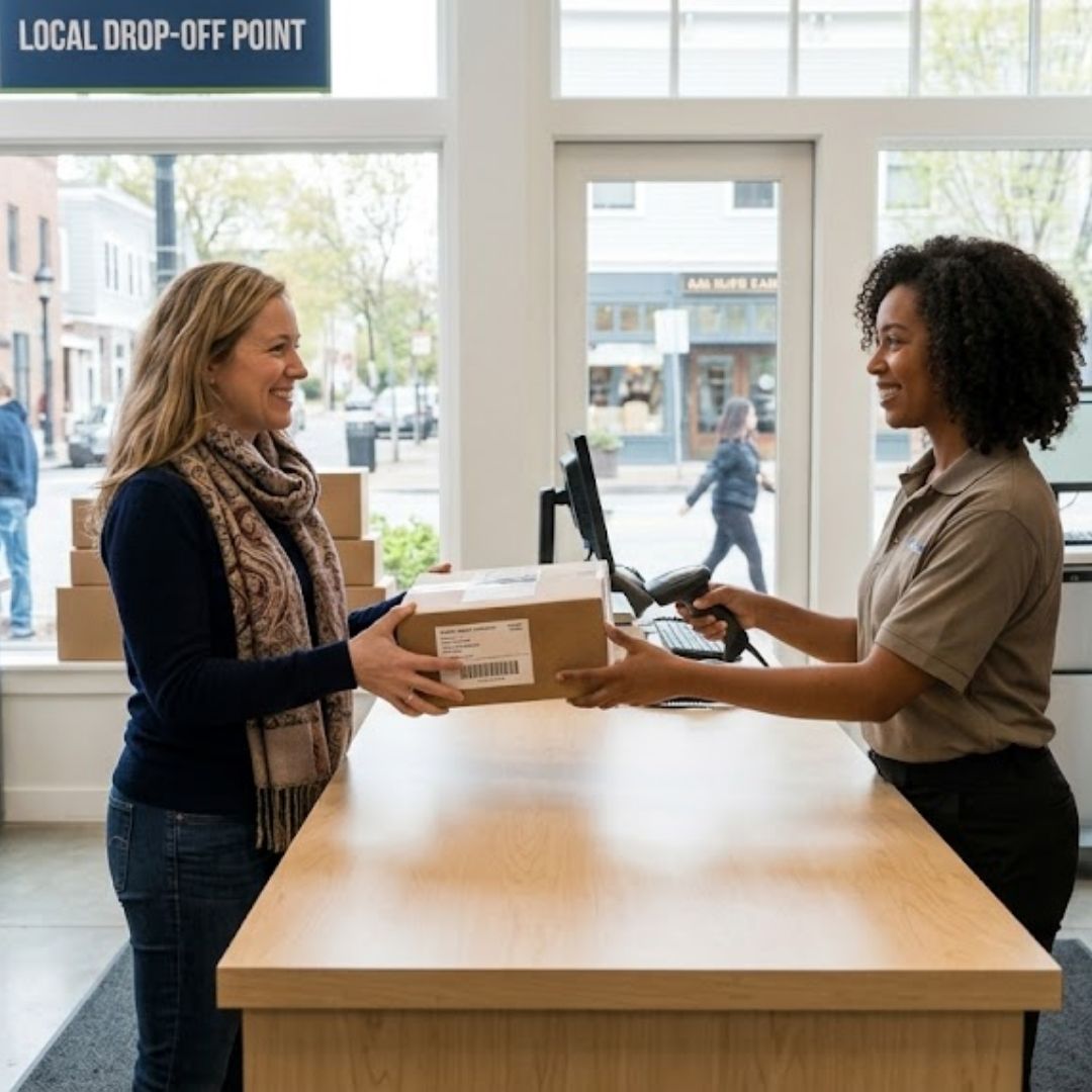 A bustling neighborhood pack and ship store serving as a central hub for local residents and businesses.