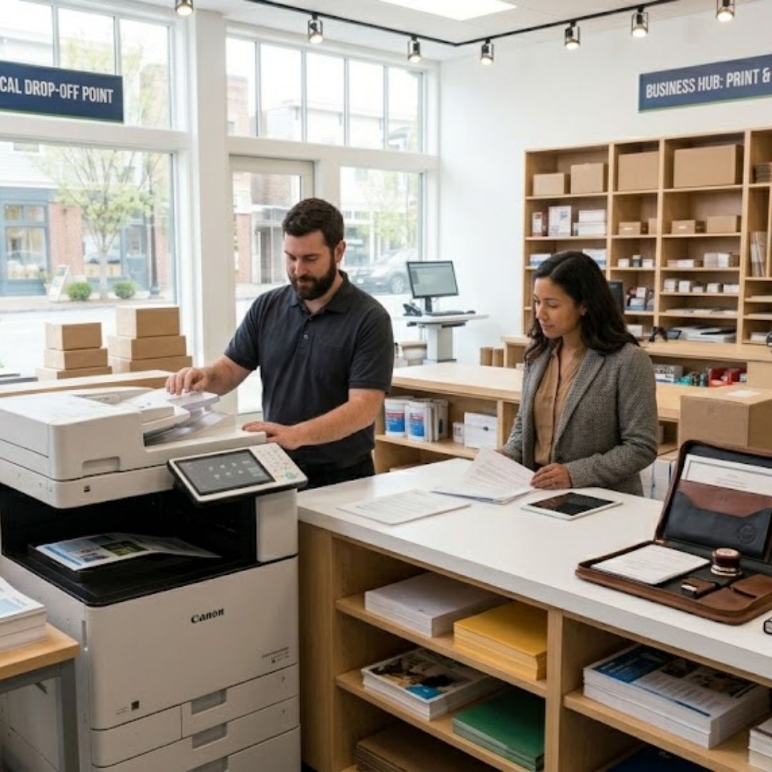 A customer dropping off a package at a local shipping center, highlighting the convenience of local logistics.