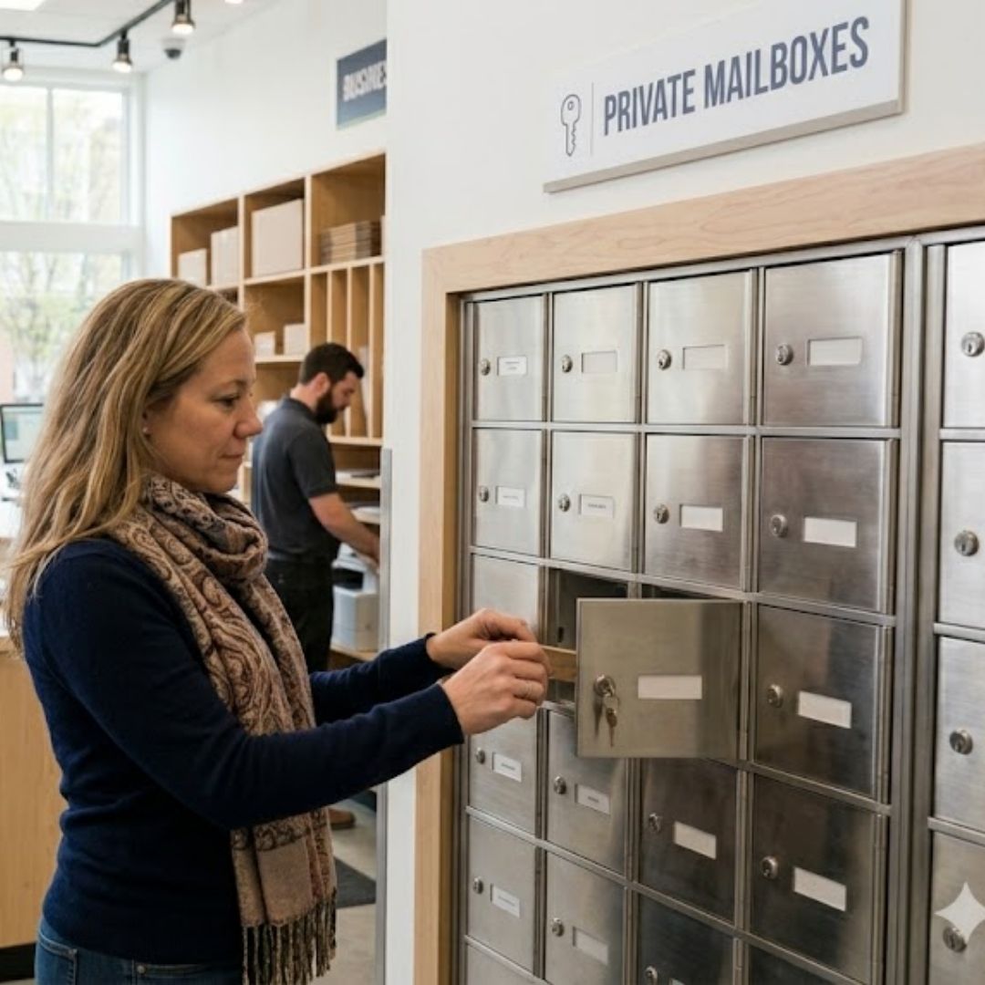 A customer accessing a secure mailbox at a local pack and ship store, representing the privacy and security services of the store.