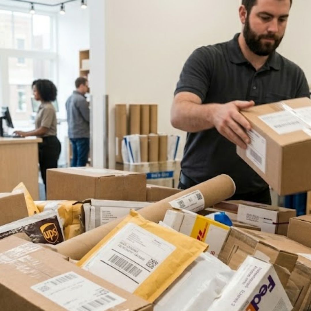 A collection of shipping parcels in an outgoing bin, symbolizing the recession-resistant nature of the pack and ship industry. 