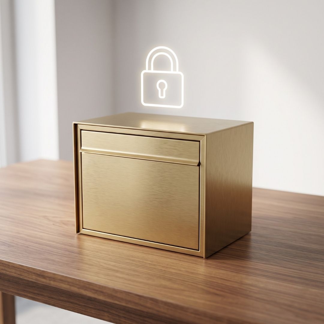 Modern brass mailbox on a wooden table with a glowing digital lock icon indicating virtual mail.
