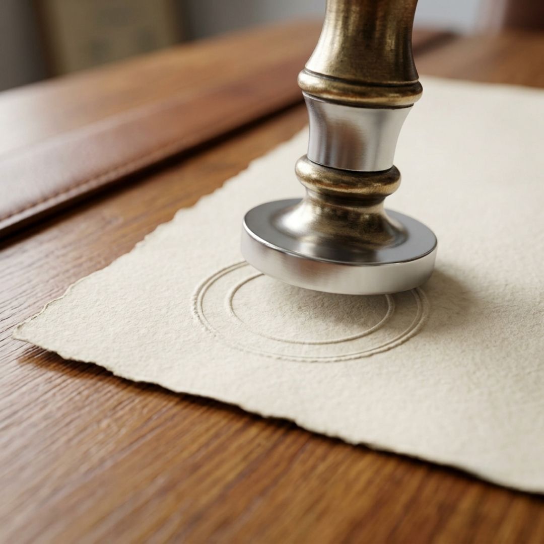 Close-up of a professional metal notary seal stamping a blank, textured parchment document.