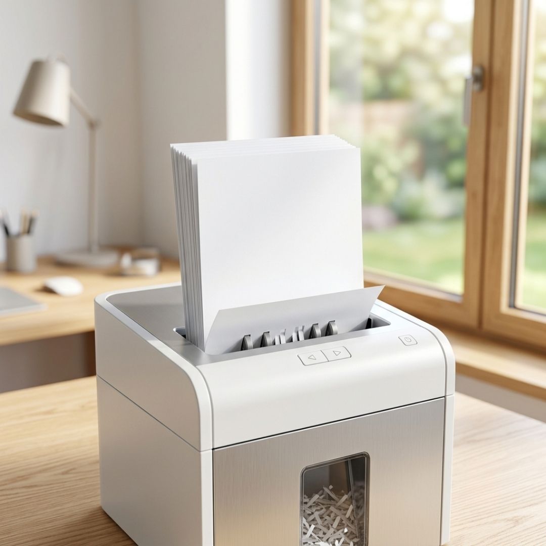 Stack of crisp white paper going into a sleek modern paper shredder in a bright office environment.
