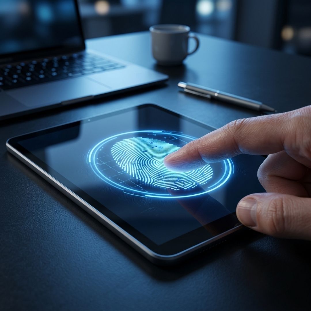 Glowing biometric fingerprint scan on a sleek glass digital tablet with soft blue ambient lighting.
