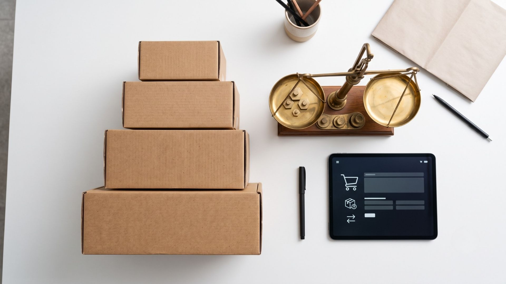 Flat lay of shipping boxes, a brass scale, and a digital tablet representing retail business solutions.