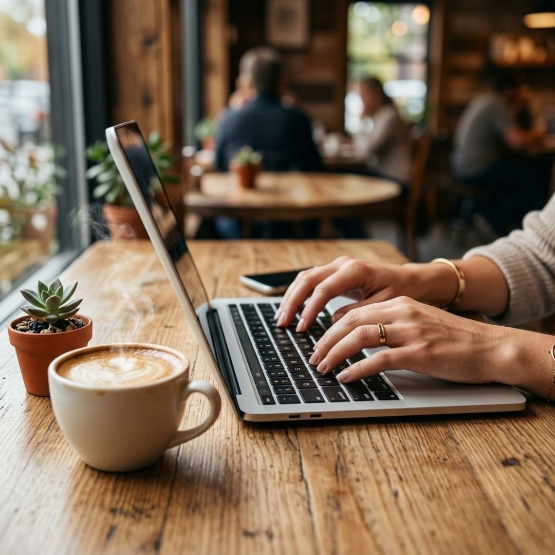 Close-up of hands typing on a modern laptop computer on a wooden desk next to a coffe