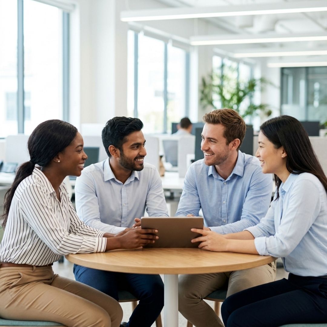 A diverse group of people sitting around a table smiling and looking at a digital tablet.