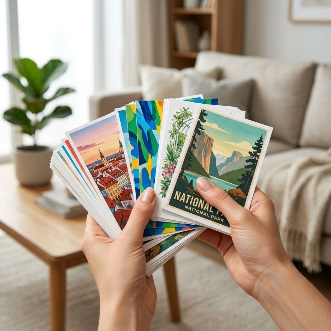 Hands holding a stack of premium, colorful postcards in a brightly lit modern home.