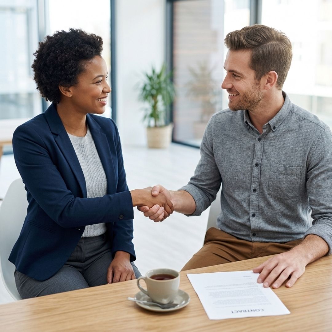 Two business professionals shaking hands warmly across a table to signify a partnership.