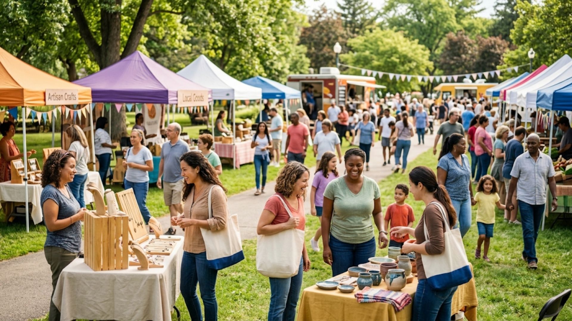A bustling outdoor community market with people smiling and mingling on a sunny day.