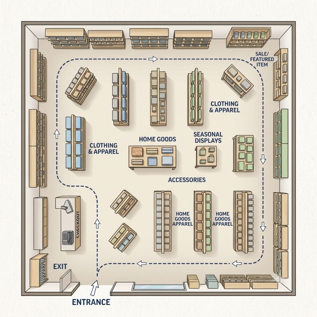 An overhead graphic of a retail floor plan showing customer traffic flow.