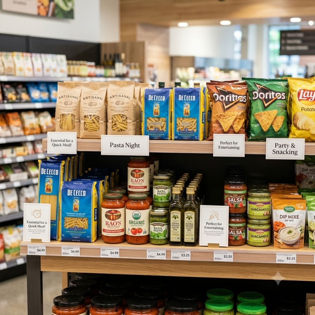 Complementary retail items neatly displayed on a store shelf at eye level.