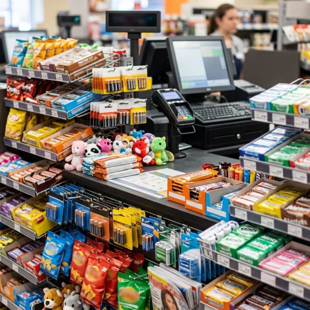 A retail store checkout counter displaying small impulse buy items.