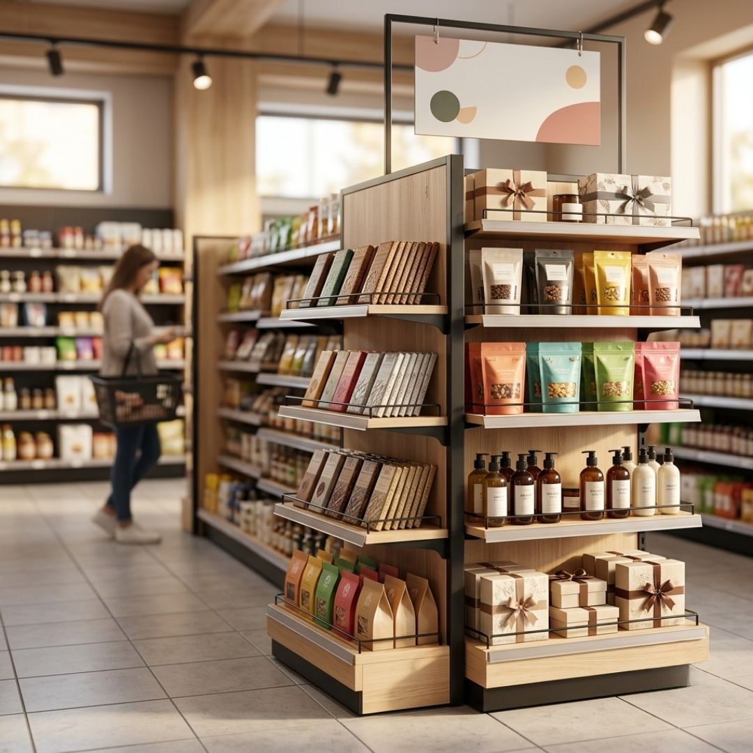 A well-stocked endcap display at the end of a retail store aisle.