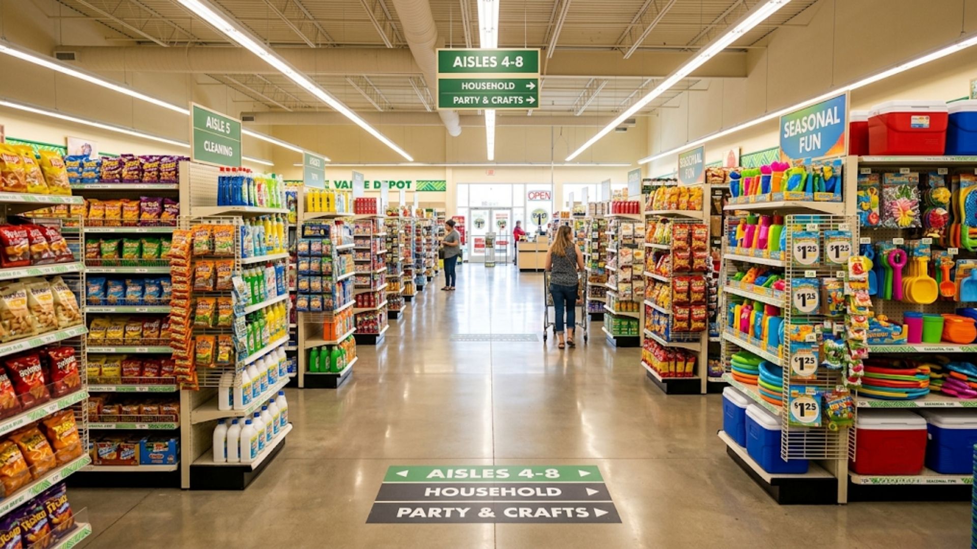 A brightly lit and well-organized retail store layout with fully stocked shelves and wide aisles.