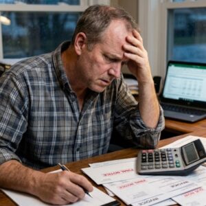 stressed business owner with final due notes on desk