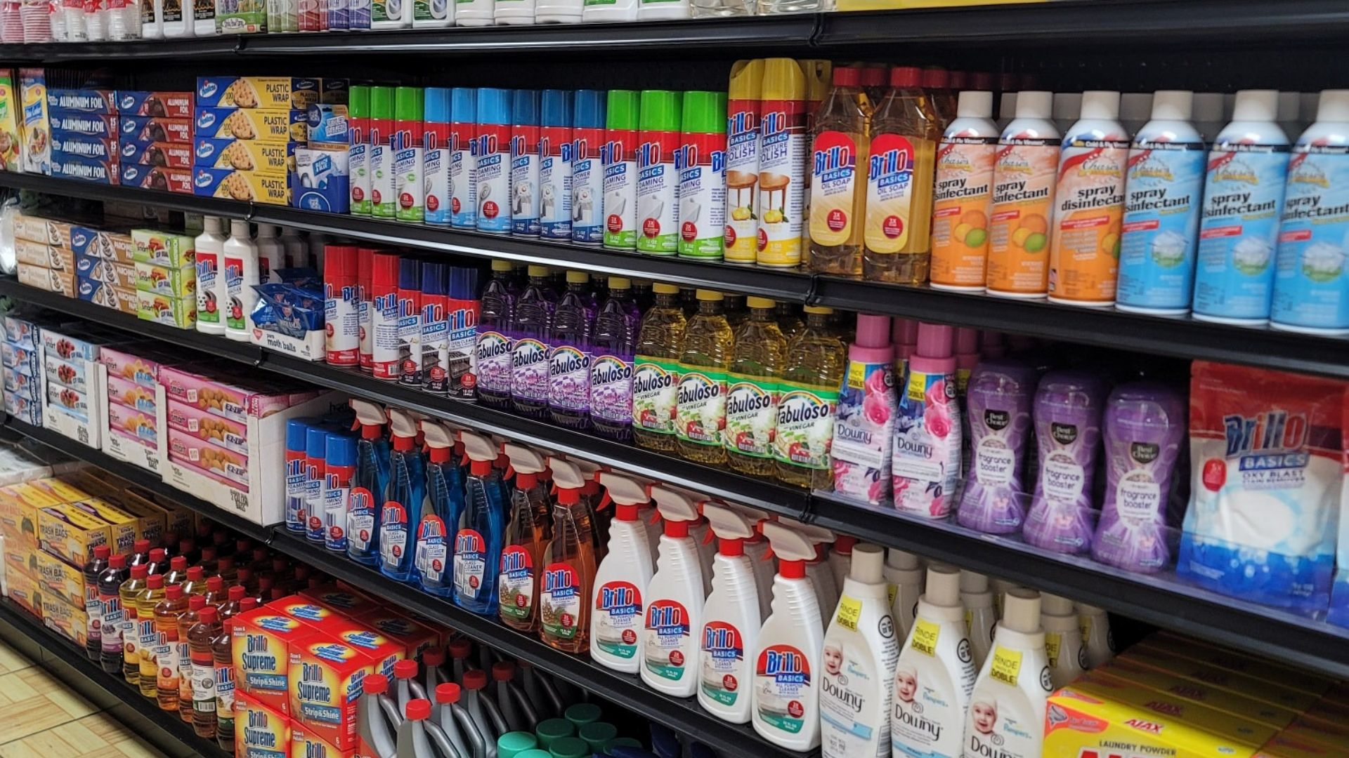 cleaning supplies on shelf