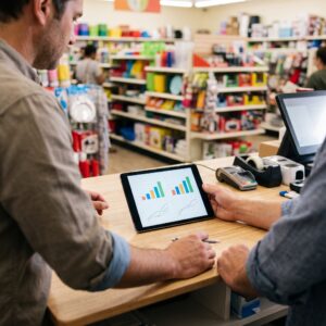 A close-up, over-the-shoulder shot of a small business owner's hands resting on a clean retail counter, confidently reviewing a digital tablet screen showing upward trending (but text-free) bar charts. Warm, inviting indoor lighting with a soft, blurred background of store aisles.